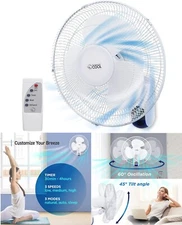 Wall Mount Fan With Remote 16" Oscillating Quiet 3 Speed Indoor Outdoor Cooling