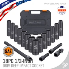 1/2-Inch Drive Deep Impact Socket Set SAE 18PC CR-V Inch 3/8 -1-1/4" Extensions
