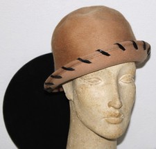 Mr John Cloche Hat Beige with Brown Leather Trim 1960s Classic Wool Soleil