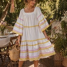 Lisa Marie Fernandez Target White Ric Rac Belted Midi Dress Bell Sleeve Large