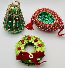 Lot Of 3 Vintage Beaded Sequin Satin Christmas Ornaments Push Pin Handmade H