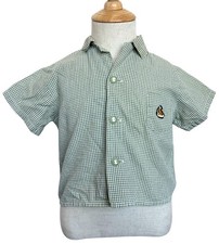 Vintage Toddler Boys Green Gingham Button Up Shirt Sailboat Pocket Cotton Size 4