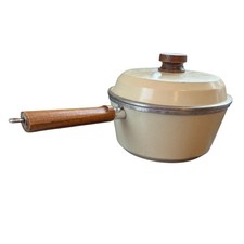 Vintage Club Aluminum Tan Enamel Saucepan with Lid and Faux Wood Handle MCM