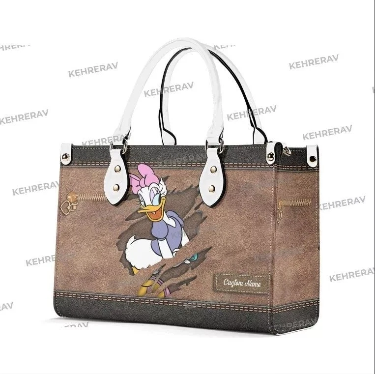 Personalized Daisy Duck Leather Handbag, Daisy Duck Lovers Shoulder Bag Gift