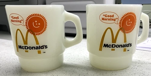 Set of 2 McDonald's Fire King Good Morning Coffee Mugs Milk Glass Vintage
