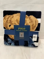 NWT POLO Ralph Lauren Navy White STRIPED RL DENIM BEAR 50” X 70” Fleece Blanket
