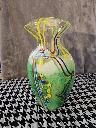 Murano Vintage  Glass Vase Green Clear Highly Coveted 13.5 Inches Tall 3/8 Thick