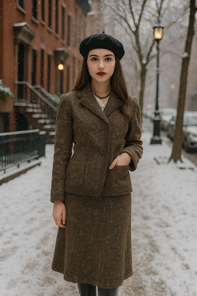 Conjunto Traje Falda Valentino Talla 12 Lana Mezcla Angora Marrón Tweed Italia Autenticado Foto 3 de 4