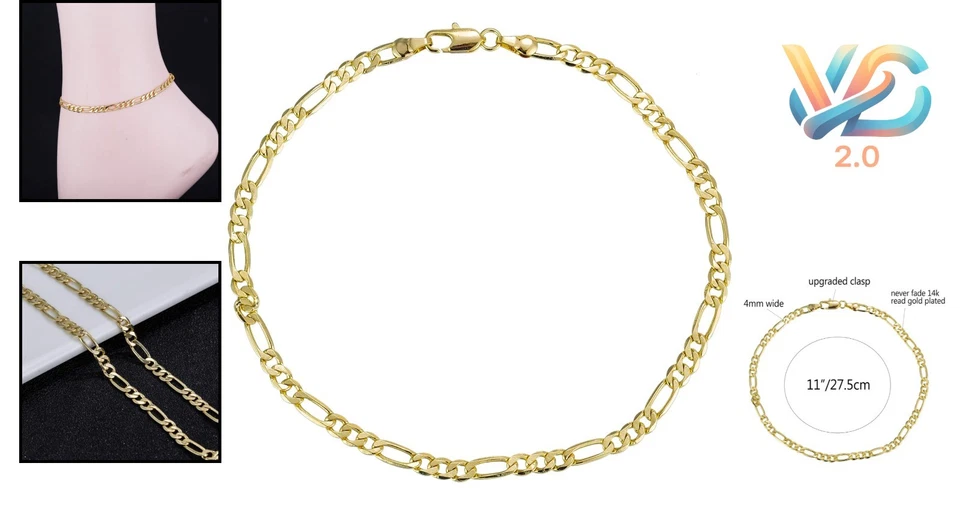 Elegant Cuban Link Gold Anklet with 4mm Figaro Chain - Adjustable Sizes - Image 2 of 4