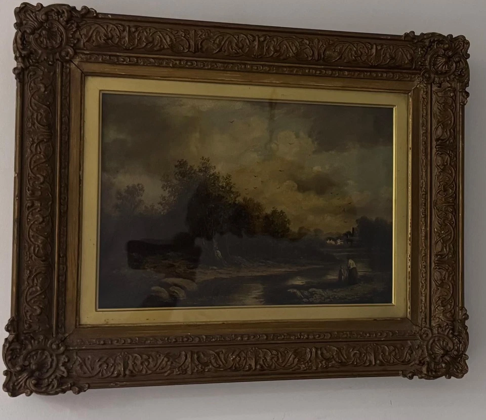 Antique oil painting on canvas figures in Landscape framed, glazed 52 cm/42 cm - Image 3 of 4
