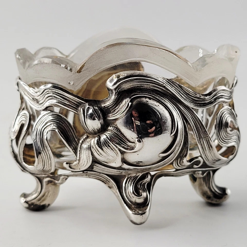 ART NOUVEAU - GERMAN - PAIR OF SALT CELLARS - ANTIQUE SILVER - JUGENDSTIL - Image 4 of 4