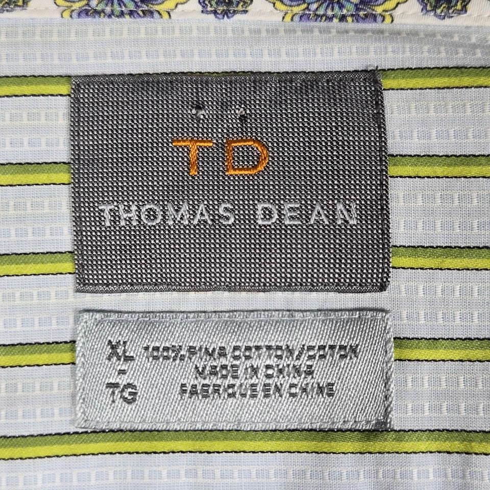 Camisa masculina Thomas Dean XL verde listra branca manga longa contraste punho botão para cima - Imagem 3 de 4