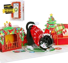Pop up Christmas Cards - Tuxedo Cat Fireplace 3D Funny Merry Christmas Cards wit