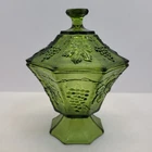 VTG Green Glass Anchor Hocking Pedestal 8 Sided Grape Motif Candy Dish w/Lid