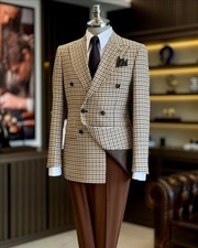 Men's Beige Houndstooth Double Breasted Peak Lapel Blazer Groom Tuxedo Prom Suit
