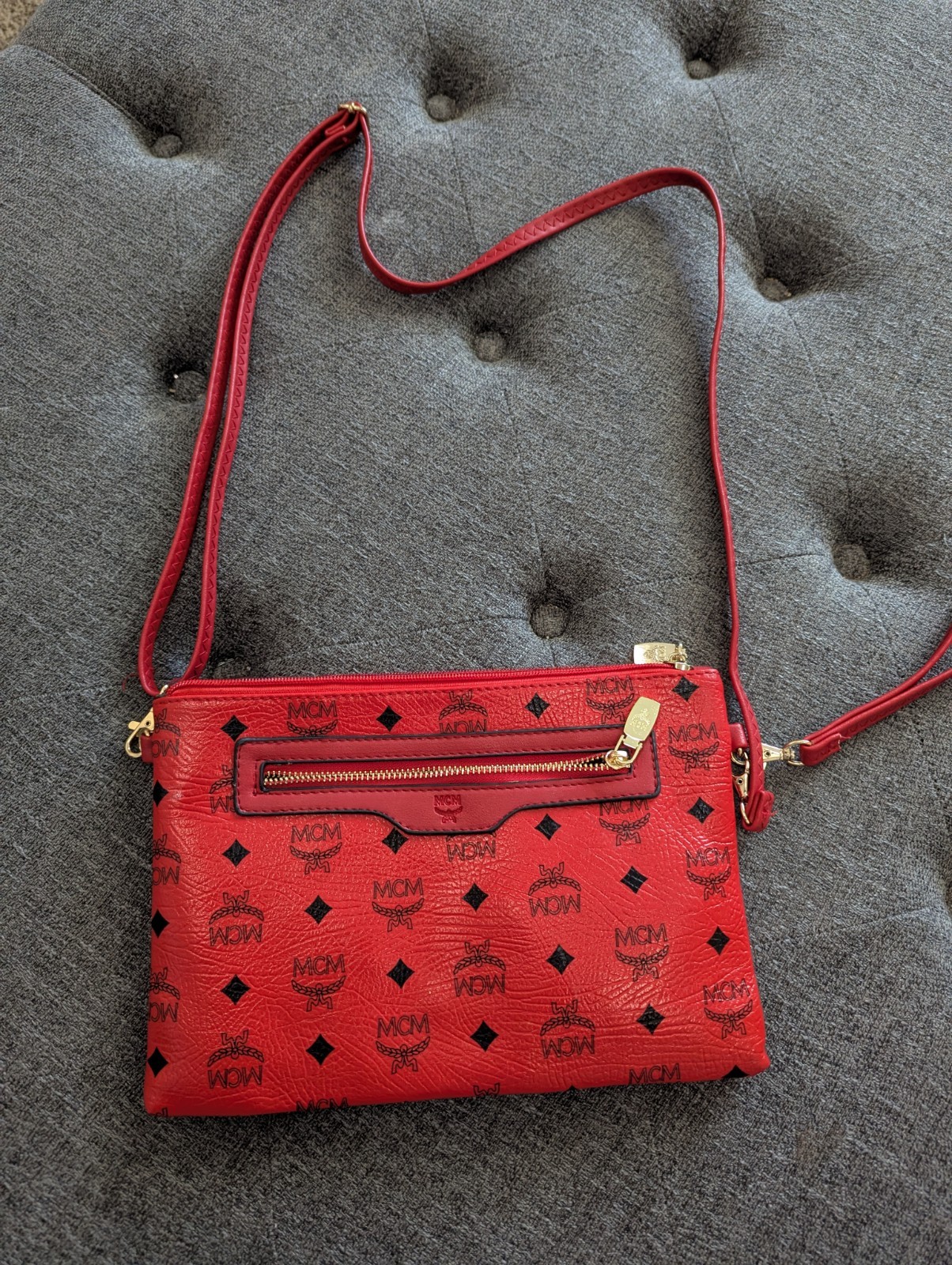 MCM Logo Aren Crossbody Pouch clutch Medium Bag in Visetos Candy Red
