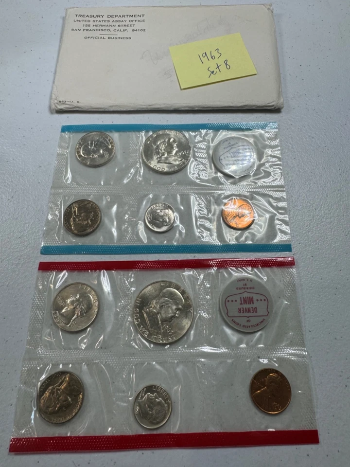 (1) 1963  US MINT SILVER P & D Set,  in all OGP,   w/ 90%  SILVER COINS,   SET 8 - Image 2 of 4