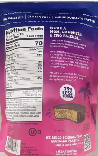 2x Skinny Dipped Dark Chocolate Peanut Butter Cups 30 cups 15.9 oz Bag LOW SUGAR - Picture 3 of 3