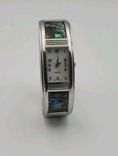 Rare Silver Tone Abalone Women s Spring Cuff Watch Very Solid
