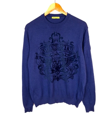 Pull homme VERSACE JEANS taille L col ras du cou maille serrée bleu laine... - Photo 1/4