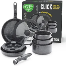 Greenlife 10Piece Nonstick Pots&Pans Set, DetachableHandle & Stackable Set Black