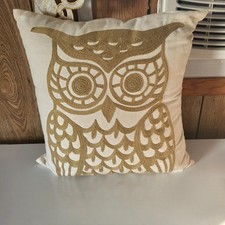 Winter Owl Pillow Cover Embroidered Stitched 17x17 Linen/ Tan Cotton