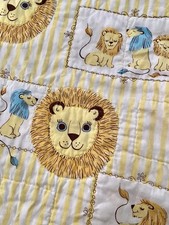 Hand Embroidered VTG Lion Baby Toddler Quilt Blanket Throw Nursery Retro Yellow
