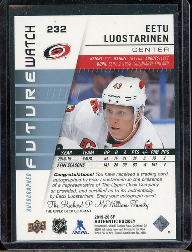 2019-20 SP Authentic Future Watch Autograph #232 Eetu Luostarinen RC 111/999 - Foto 2 di 2
