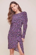ASTR THE LABEL Masie Ruffle Mini Dress XS S Purple Navy Abstract Ruch Asymmetric