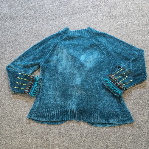 Storybook Knits Sweater Womens Size Medium Green Chenille Beaded Buttons Pom Pom - Picture 9 of 10