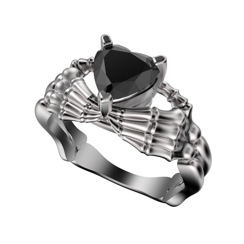 Claddagh Ring Black Heart Gem Sterling Silver Gothic Skull Engagement Ring - Picture 4 of 10