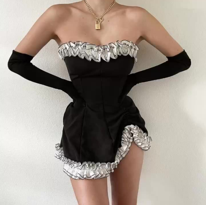 Cute Lolita Elegant Lace Ruffle Tube Dress Gothic Black & White Strapless  Dress | eBay