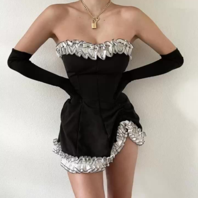 Cute Lolita Elegant Lace Ruffle Tube Dress Gothic Black & White Strapless  Dress | eBay