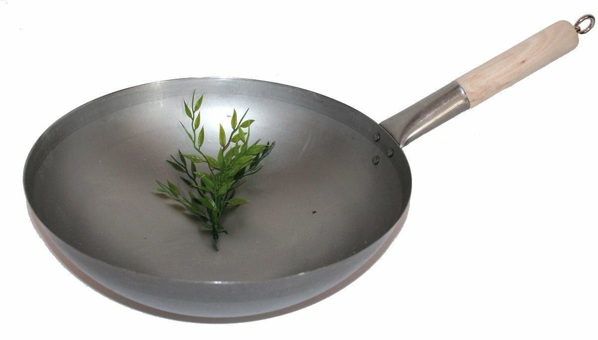 Wok Pfanne 36 cm Ø China Gastronomie rund Boden Carbon Stahl Holzgriff zum Aufhä