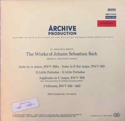 LP Johann Sebastian Bach   Ralph Kirkpatrick Suite In A Minor, BWV 818a   Suite