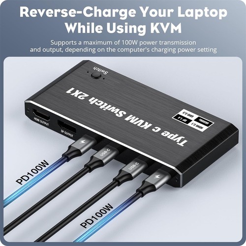2x1 8K USB C KVM Switch 3.5mm 100W PD Charge Type C KVM Switch Accessories - Afbeelding 6 van 13