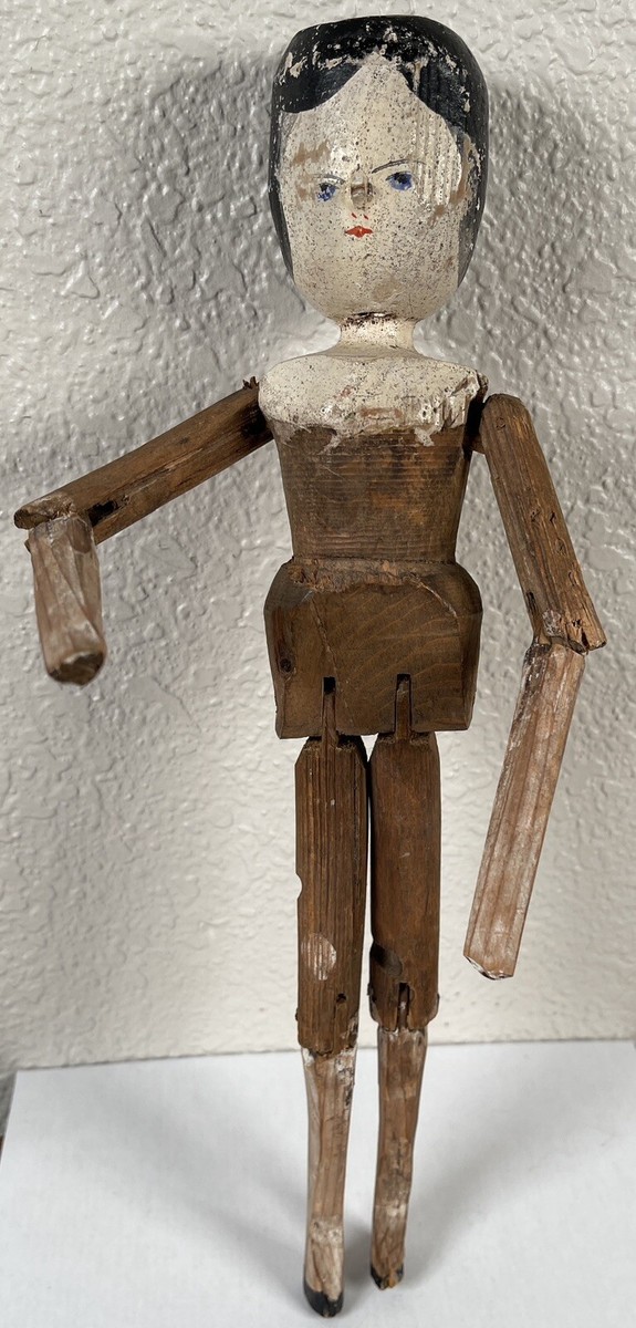 Antique Wooden Peg Articulated Girl Doll Carved Jointed