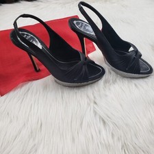 RENE CAOVILLA Black Satin Slingback Peep Toe Heels with Rhinestones Sz 37