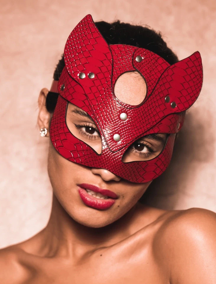 Cat Women Red Devil Mask Cat Mask Leather Cat Mask Snakeskin Cat Woman Red - Image 2 of 3