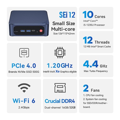 Beelink SEi12 i5-1235U Intel 12 Gen Mini PC 32G DDR4 500G PCIe4.0 M.2 NVMe WiFi6 - Picture 9 of 24