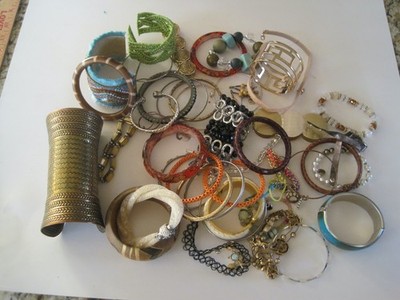 Costume Jewelry 2 Lb Bracelets Brass Arm Band Leather Plastic Wood Beads Retro#9