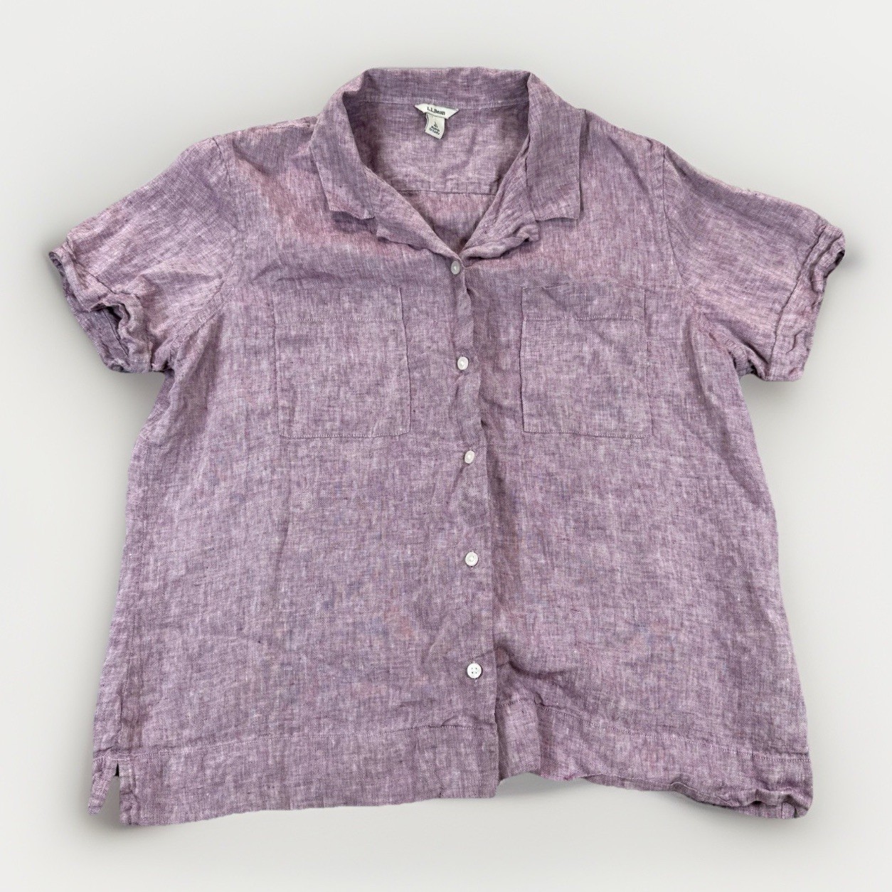 L L Bean Women’s Pink/Purple Linen Short Sleeve Button Up Camp Shirt Large
