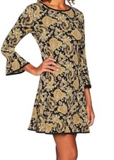 Michael Kors SZ M Black & Marigold Paisley Dress Flounce Hem Bell 3/4 Sleeves