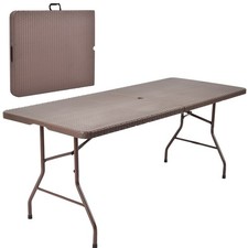 6ft Foldable Center Table with Rattan Design Steel Legs Umbrella Hole
