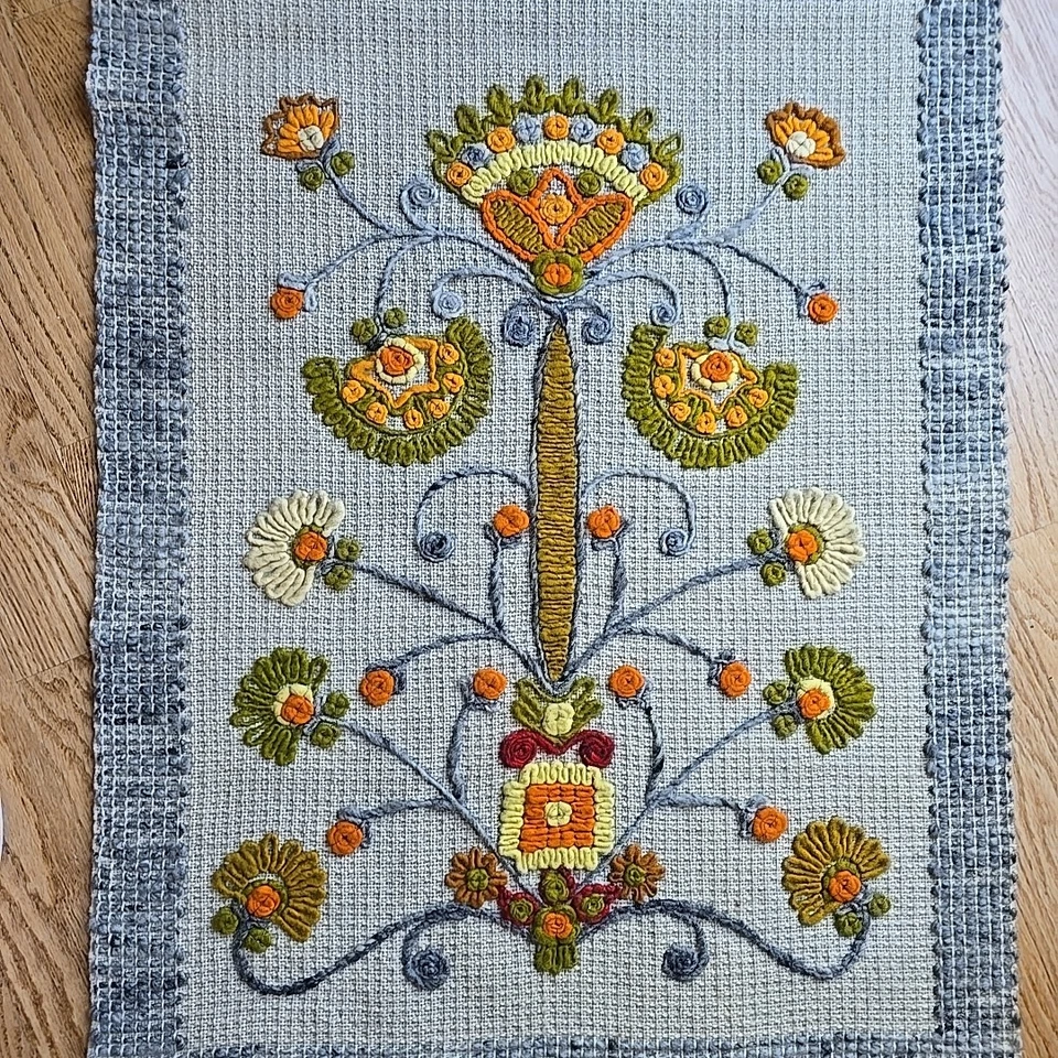 Danish Folk Art Wool Fabric Yarn Wall Hanging Tassels Blue Multi Floral READ - Image 2 of 4