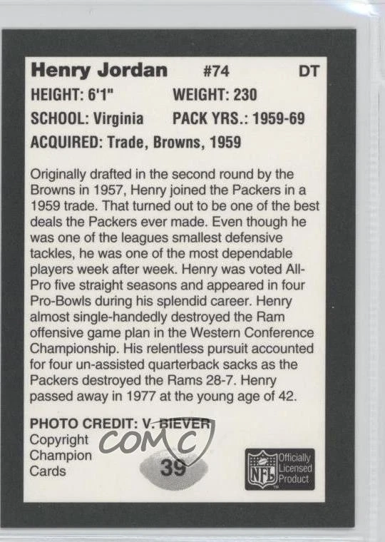 1991 Henry Jordan #39 HOF - Image 2 of 2