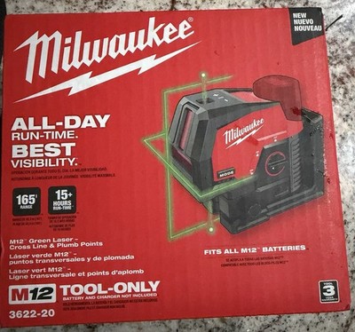 New Milwaukee M12 Green Laser - Cross Line & Plumb Points 3622-20