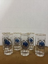 Vintage 1976 Bicentennial Blue Eagle Glasses Set of 6 Gold Rim Americana Barware