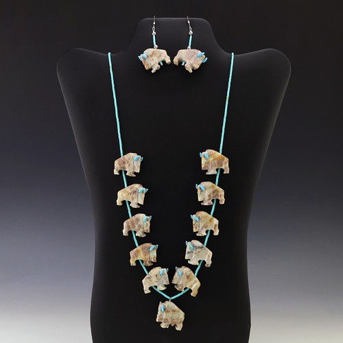 NATIVE AMERICAN ZUNI PICASSO MARBLE BUFFALO FETISH NECKLACE EARRINGS TODD ETSATE