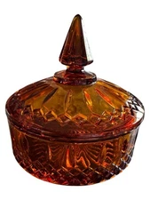 VTG MCM Amber Indiana Glass Diamond Point Covered Candy/Nut Dish w/ Lid